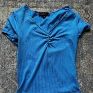 Vibe Blue Fitted Ruched Short Sleeve Tee